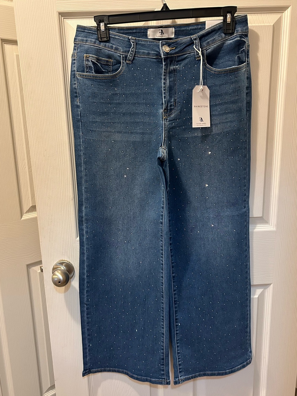 Flying Angel 14 Rhinestone Embellished Blue Wide-Leg Women's Jeans Stretchy NWT
